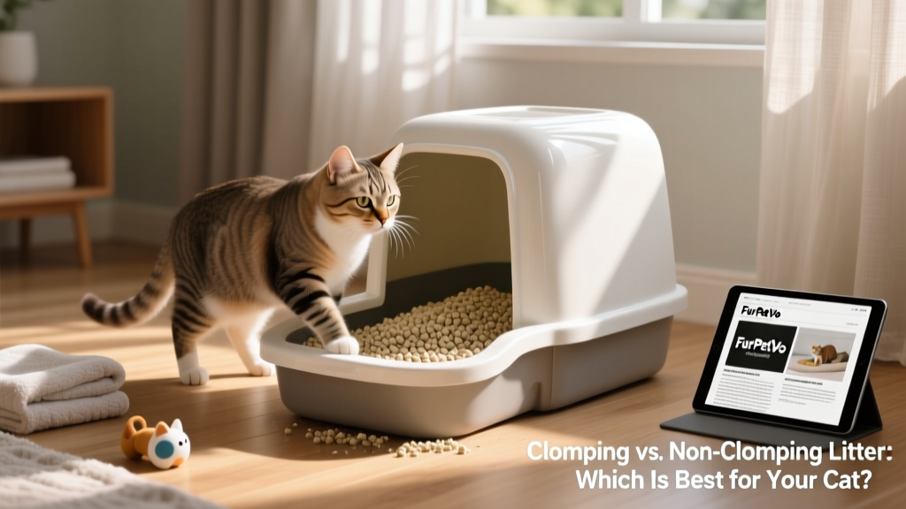 A calm adult cat using a clean litter box filled with FurPetVo clumping litter