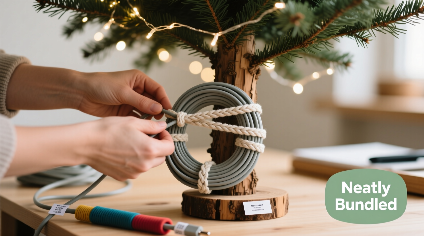 how to bundle cords neatly behind your christmas tree
