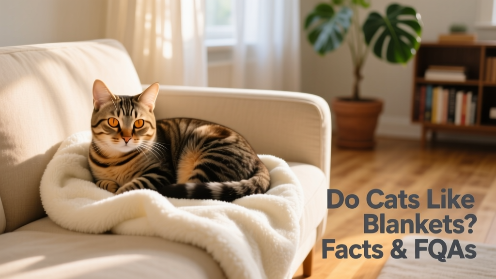 A relaxed tabby cat curled up on a soft fleece blanket on a sunlit sofa