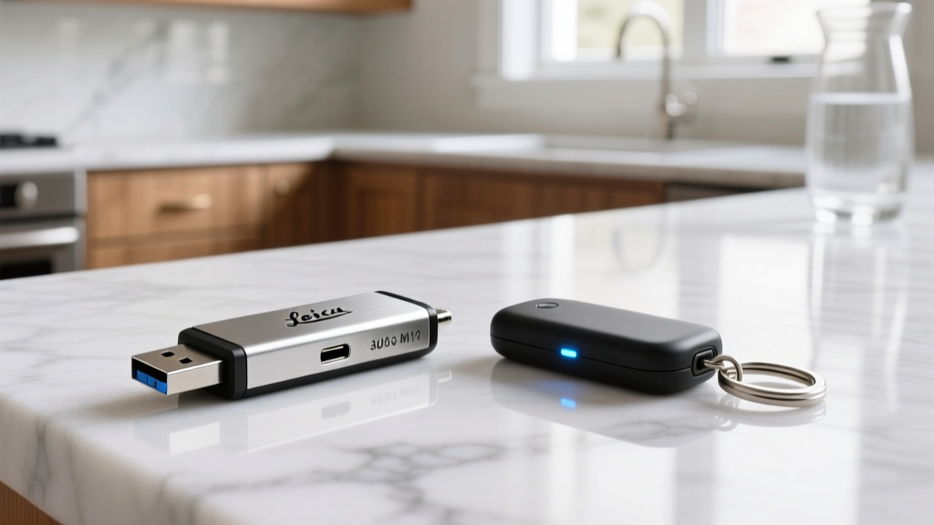 USB flash drive audio recorder and a smart keychain recorder resting side-by-side on a bright marble kitchen countertop.