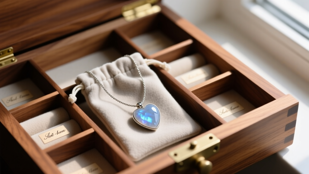 Moonstone heart necklace coiled inside an anti-tarnish flannel pouch within a multi-compartment wooden jewelry box drawer
