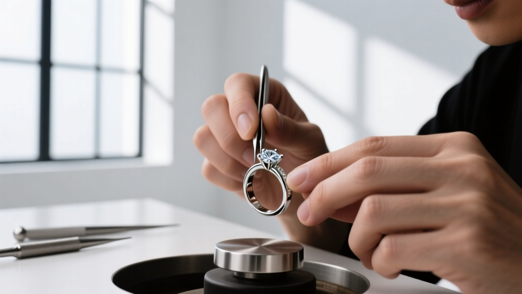 A jeweler's hands gently wiping a delicate gold-plated necklace with a microfiber cloth over a ceramic bowl of mild soapy water.
