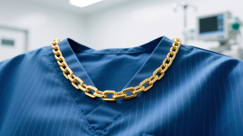 Close-up of a 14k solid gold box chain necklace resting on blue medical scrubs, illuminated by soft overhead hospital lighting.