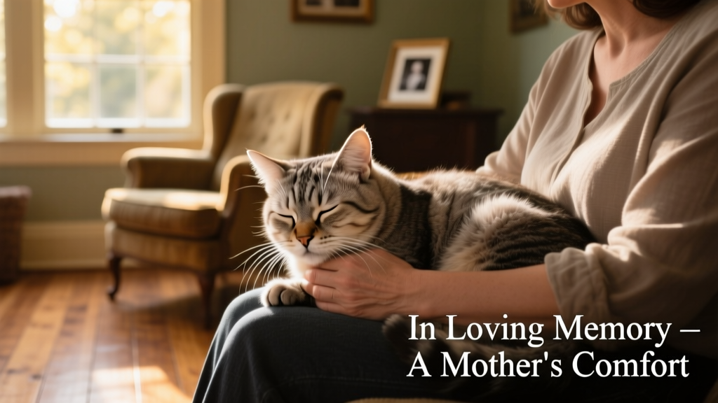 Senior cat resting her head on her human mom's lap, eyes soft and expression gentle