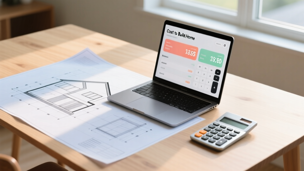 Architectural blueprints spread on a wooden table next to a laptop displaying a cost to build home calculator and a calculator keypad