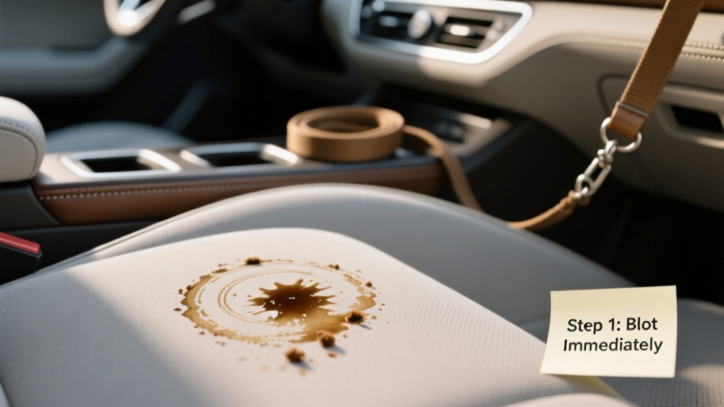 Close-up of dog urine stain on car seat fabric