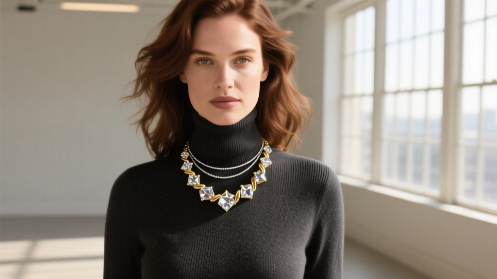 Woman wearing a gold J Crew twisted crystal necklace layered with thin chain over a dark turtleneck sweater in soft natural light