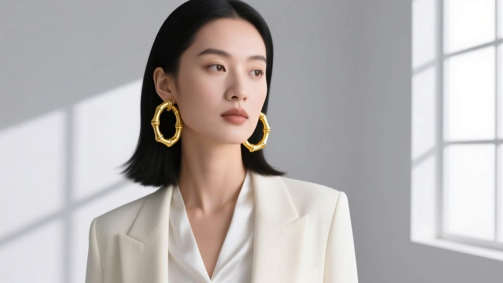 A stylish woman wearing oversized 14k yellow gold bamboo hoop earrings, softly lit studio portrait with a minimalist 90s aesthetic.