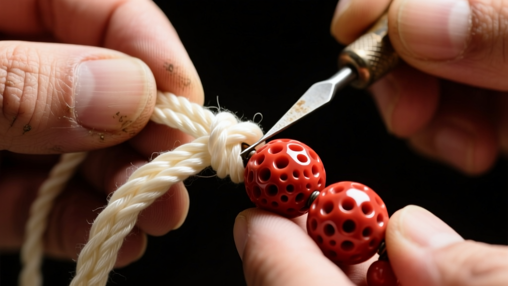 Macro photography of a jeweler hands knotting heavy-duty ivory silk thread between porous red coral beads using a fine awl tool.