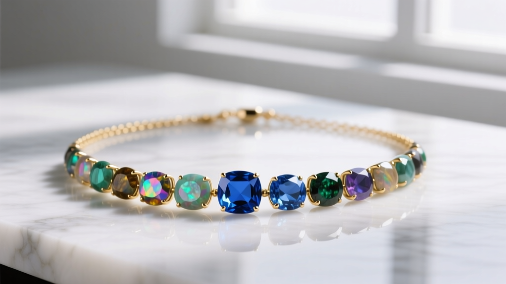 Vibrant multi colored stone necklace with natural tourmaline and sapphire briolettes on a 14k gold chain resting on white marble