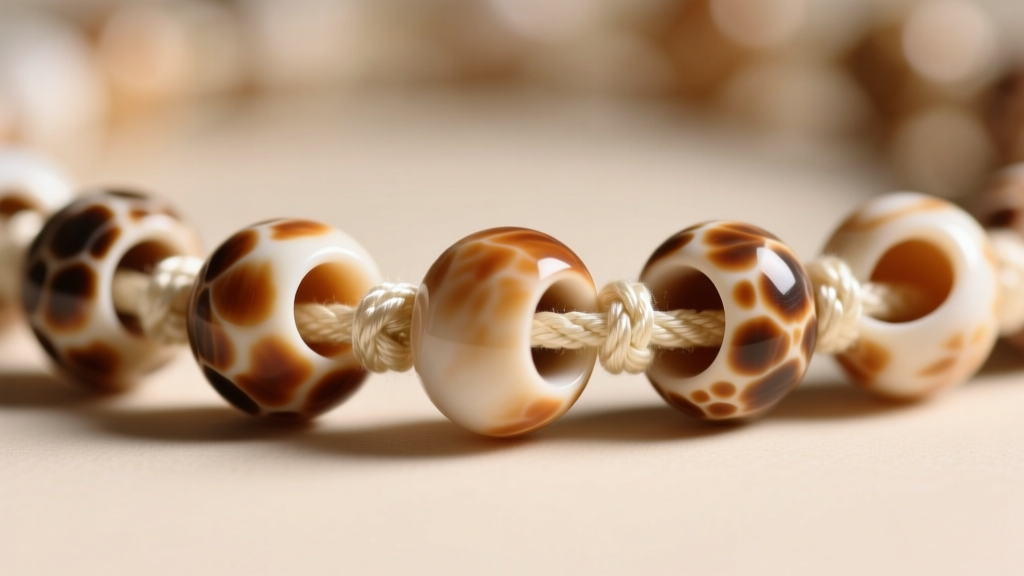 Macro shot of genuine puka shell beads showing natural asymmetrical holes and warm undertones strung on knotted cream silk thread