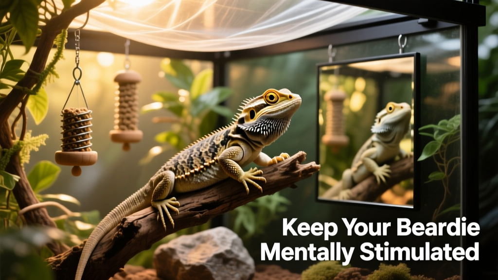 A bearded dragon perched on a natural branch inside a well-decorated terrarium, basking under warm light