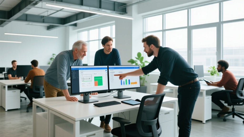 Software developers reviewing construction estimating app wireframes on dual monitors in a modern architectural office