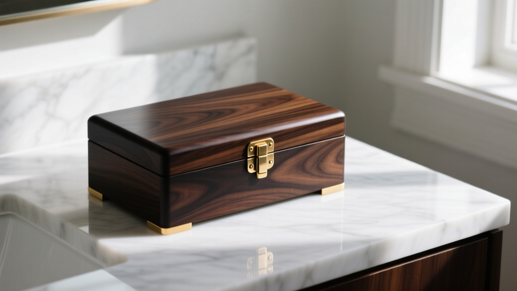 Polished black walnut jewelry box with brass hinges on a marble vanity, soft morning light highlighting the rich dark wood grain.