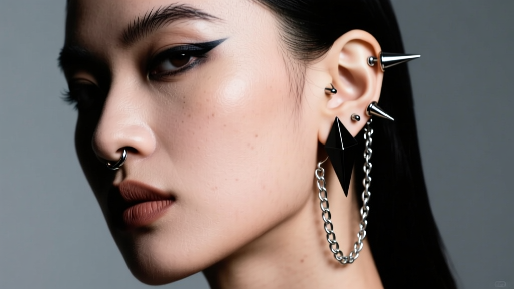 Model with multiple piercings wearing black PVD titanium spike earrings and silver chain ear cuffs under moody studio lighting.