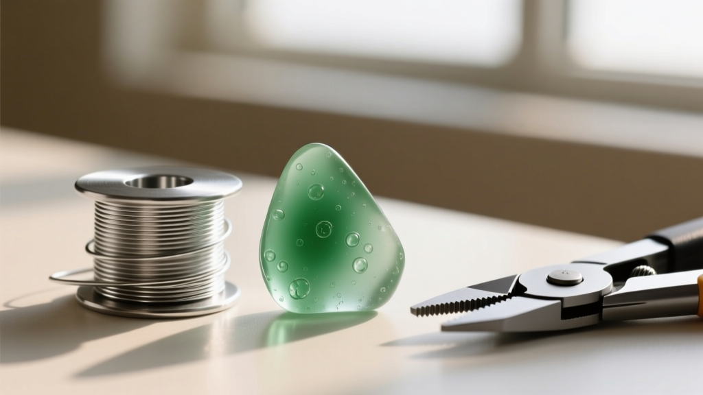 Macro shot of 20-gauge and 22-gauge argentium silver wire spools beside frosted green sea glass and a flush cutter tool