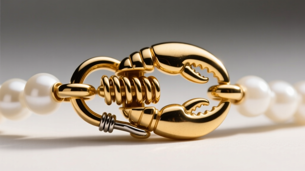 Macro view of 14k gold lobster clasp securing a white bead necklace, showing heavy duty spring mechanism and a soldered jump ring