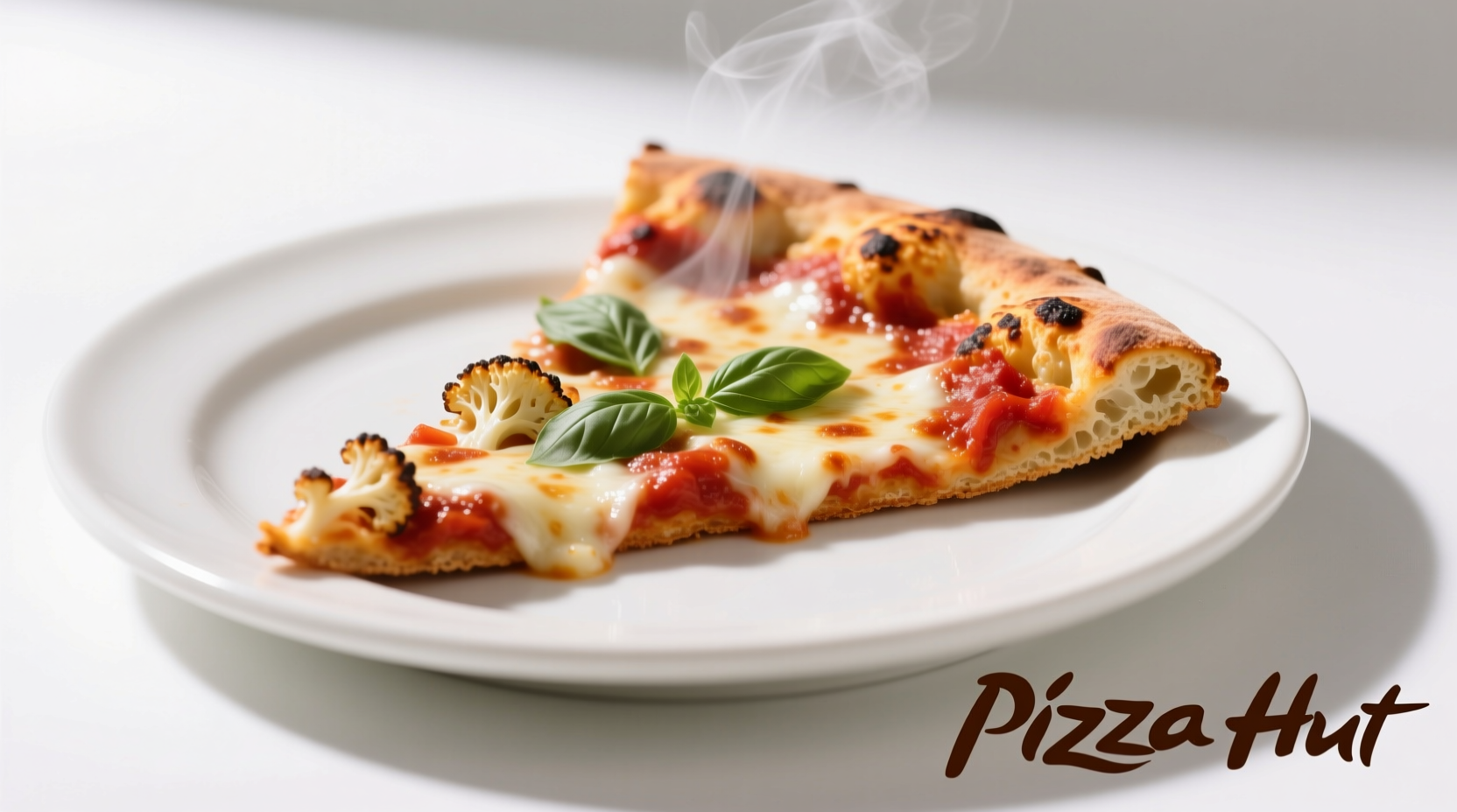 Pizza Hut cauliflower crust pizza slice on white plate