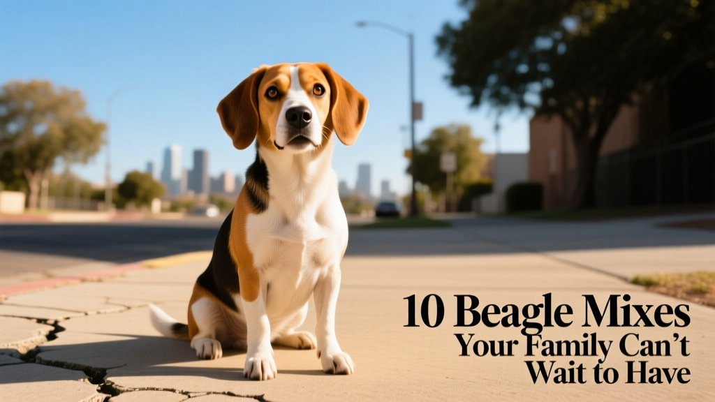 jackabee dog with beagle eyes and jack russell body sitting on pavement on a sunny day
