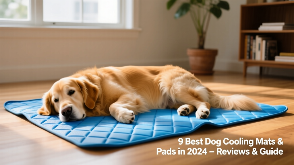 A golden retriever resting comfortably on a blue cooling mat indoors