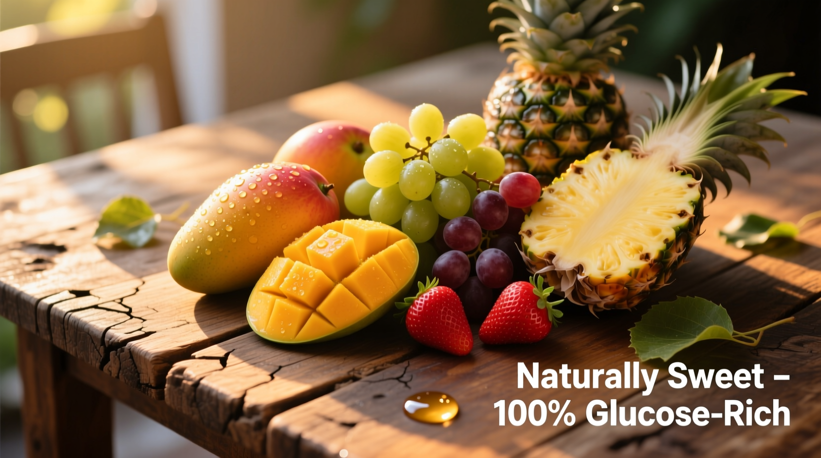 Fresh fruits high in natural glucose on wooden table