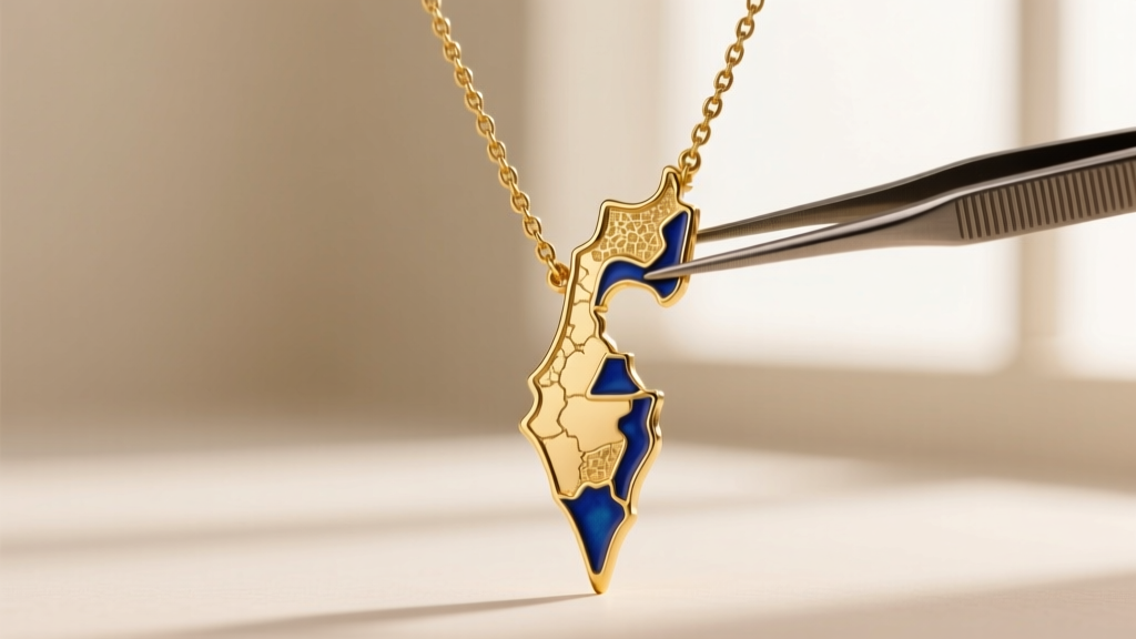 14k gold vermeil Israel map necklace with chipped blue enamel accents, held by tweezers against a soft neutral background.