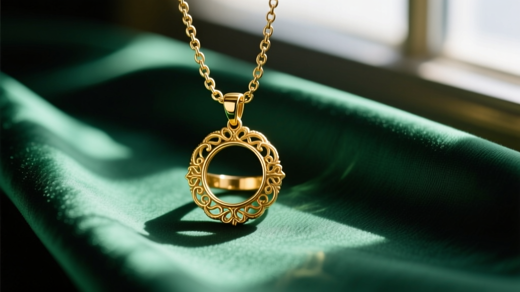 Macro shot of a 45mm gold vintage scarf ring pendant on a 5mm Cuban chain, resting on emerald silk under dramatic lighting.