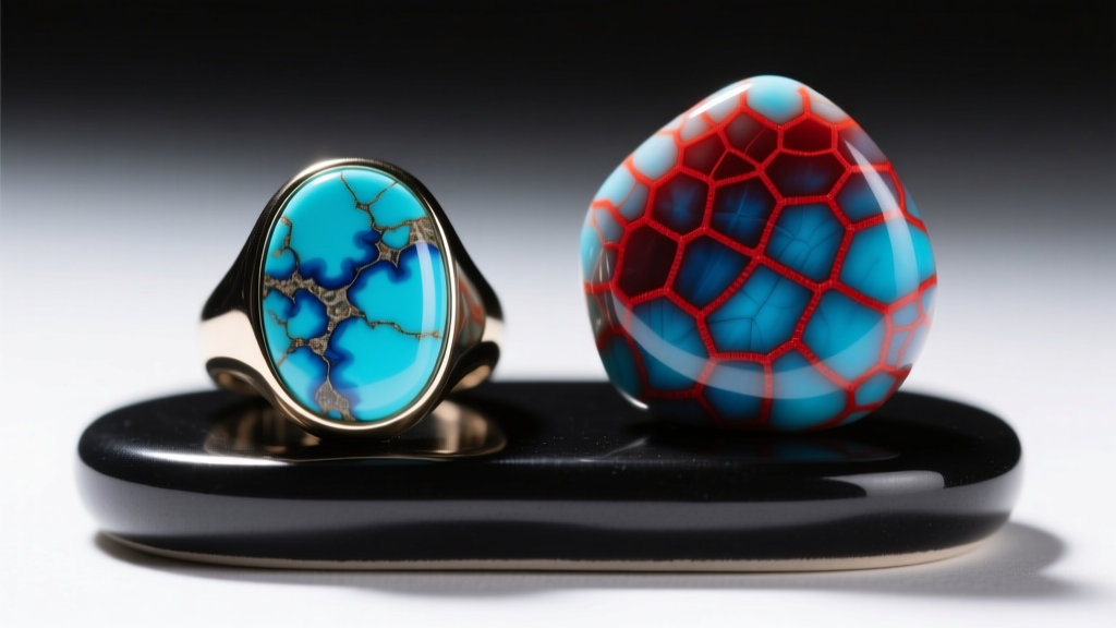 Macro photography comparing a genuine Kingman turquoise ring matrix next to a dyed howlite stone with artificial webbing