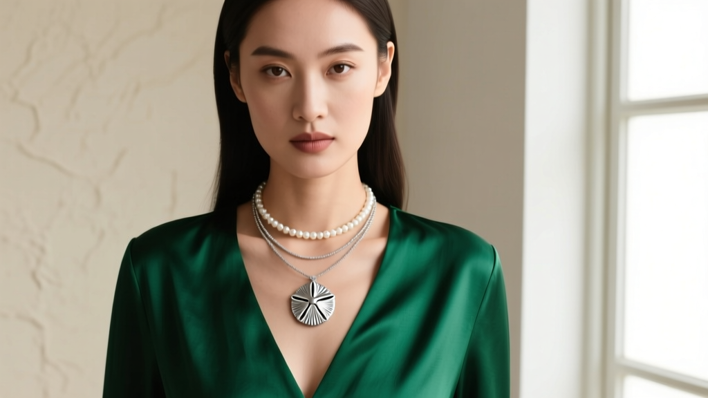 Portrait of a woman wearing a layered sterling silver sand dollar necklace and pearl choker with a deep V-neckline silk blouse.