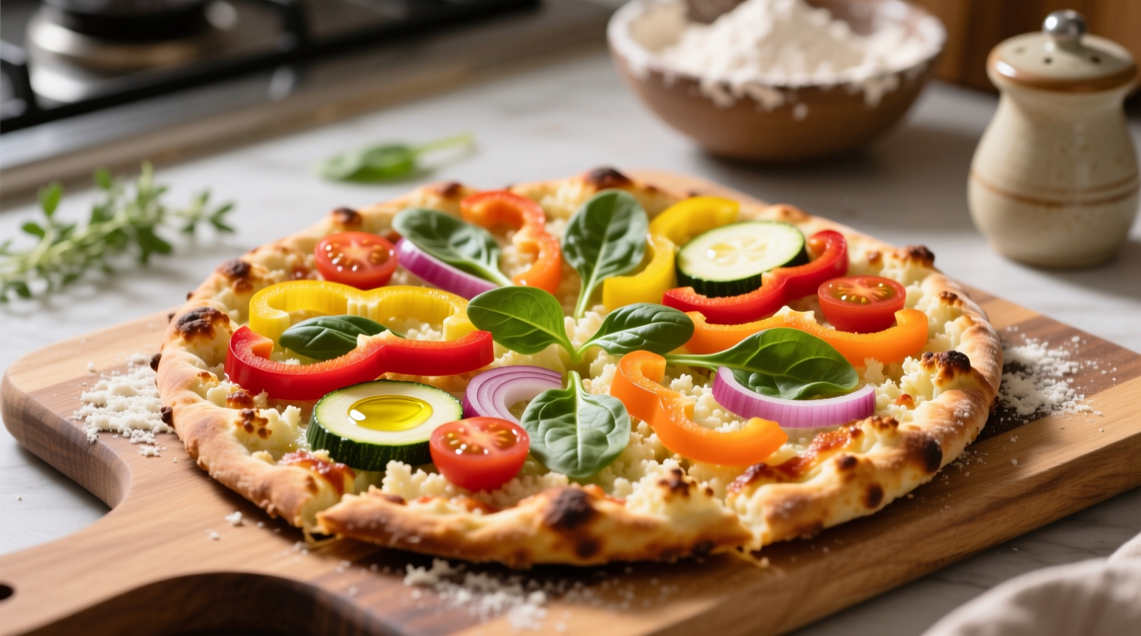 Homemade cauliflower pizza with colorful vegetable toppings