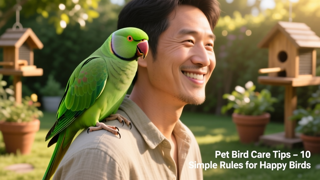 Green bird sitting calmly on a person's shoulder