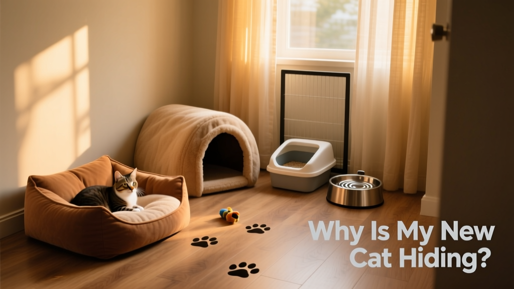 A cozy, softly lit safe room with a cat bed, litter box, water bowl, and covered hideaway