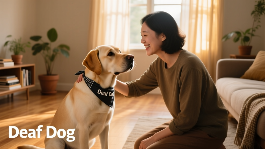 A calm, attentive deaf dog making eye contact with their human companion in a sunlit living room