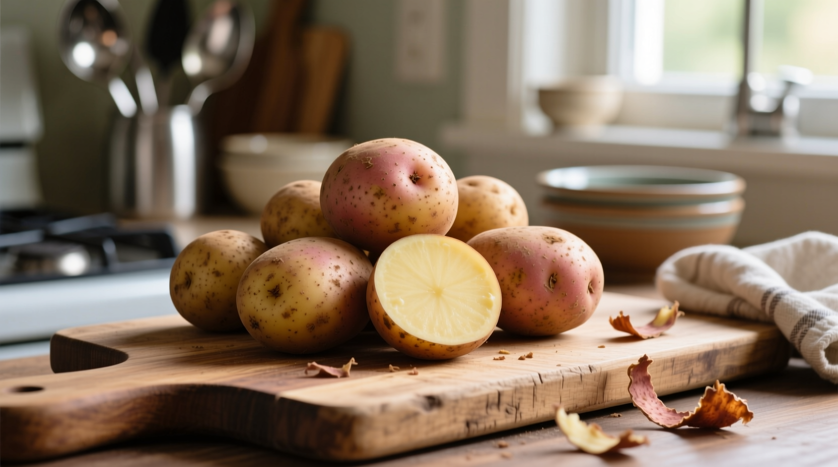 Russet Burbank potatoes on cutting board