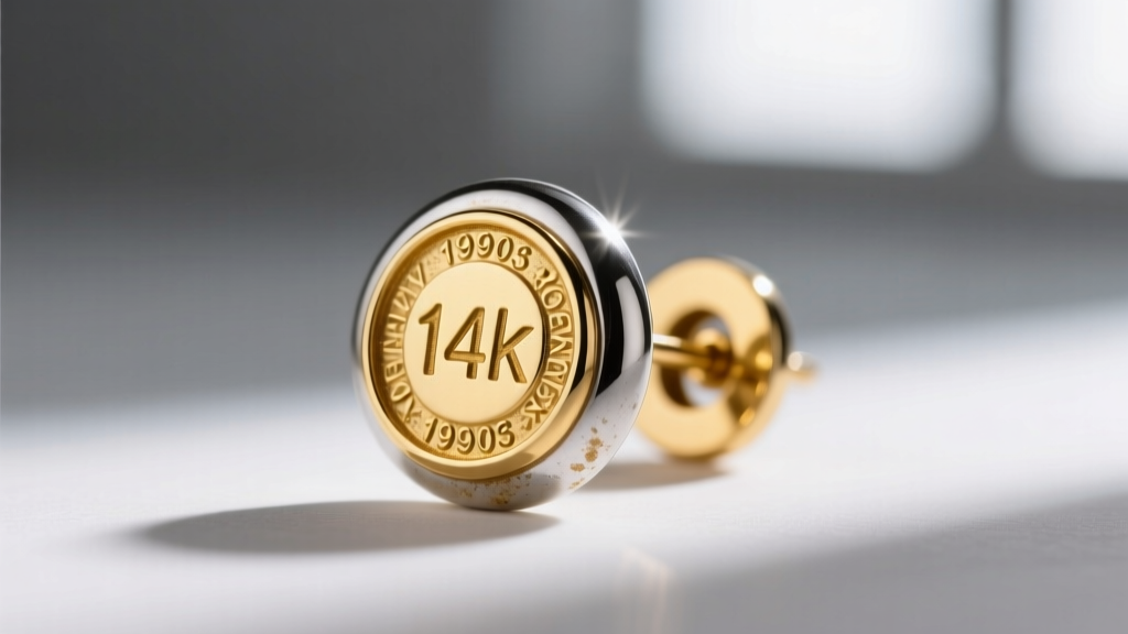 Macro photo of a 14K gold stamp on the post of a vintage 1990s button earring, illuminated by a bright jeweler