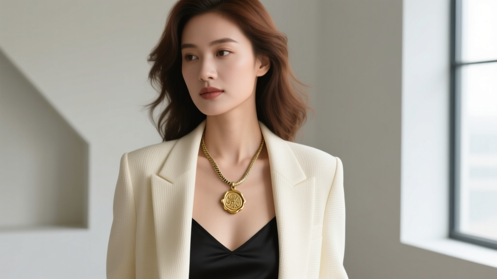 Woman in a cream blazer and black camisole, layering a vintage gold corporate pendant with a delicate 16-inch snake chain.