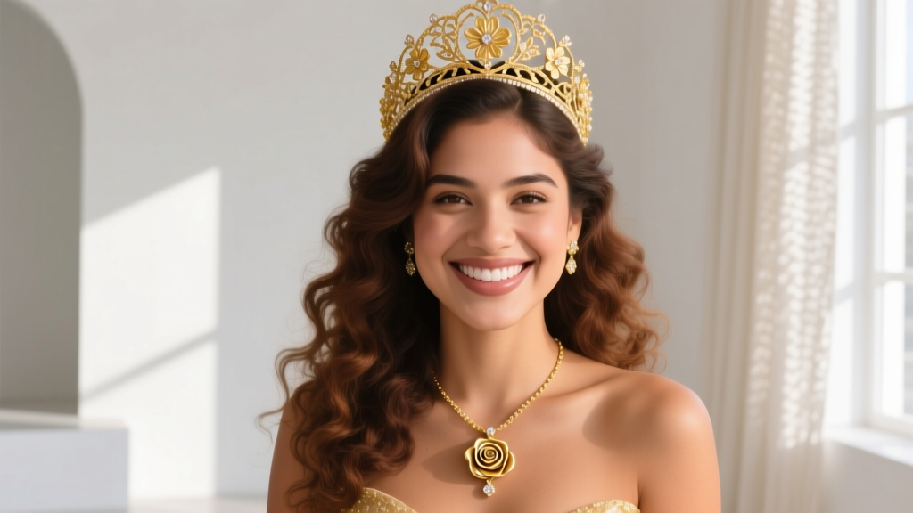 Young Latina woman wearing a sparkling gold quinceanera tiara and matching gold necklace, smiling in warm, natural window lighting