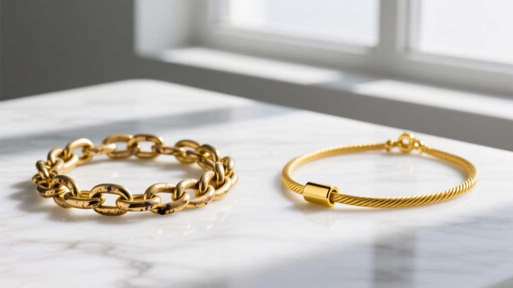 Side-by-side view of a tarnished gold-plated chain and a pristine 14k solid yellow gold cable staple necklace on white marble.