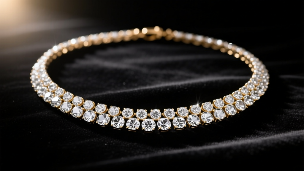 Vintage diamond riviere necklace resting on dark velvet, illuminated by a warm spotlight to highlight crisp facet reflections.