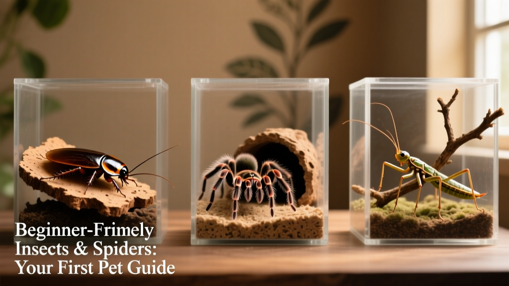 Side-by-side comparison of common beginner-friendly pets: hissing cockroach, Chilean rose tarantula, and Indian stick insect in appropriate enclosures