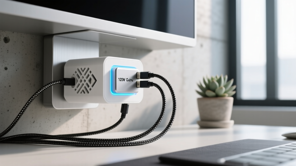 Under-desk mounted 3D printed Gridfinity modular power hub holding a 100W GaN charger and neatly routed braided USB-C cables