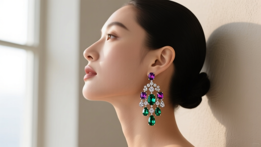 Side profile of a woman wearing heavy gemstone chandelier earrings sitting perfectly upright on the earlobe without drooping.
