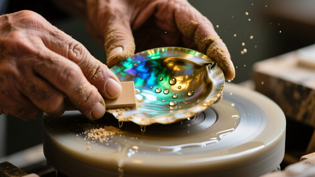 Macro photo of hands sanding a vibrant iridescent abalone shell blank on a wet lapidary wheel under soft, warm studio lighting