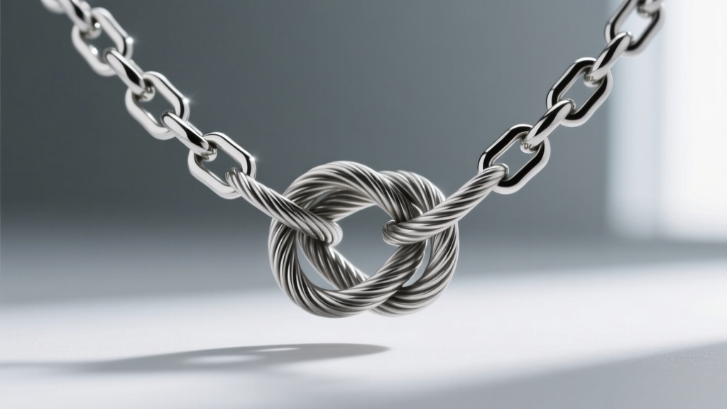 Macro shot of a 20-gauge titanium cable chain opera necklace tied in a loose knot, showing structural integrity under tension