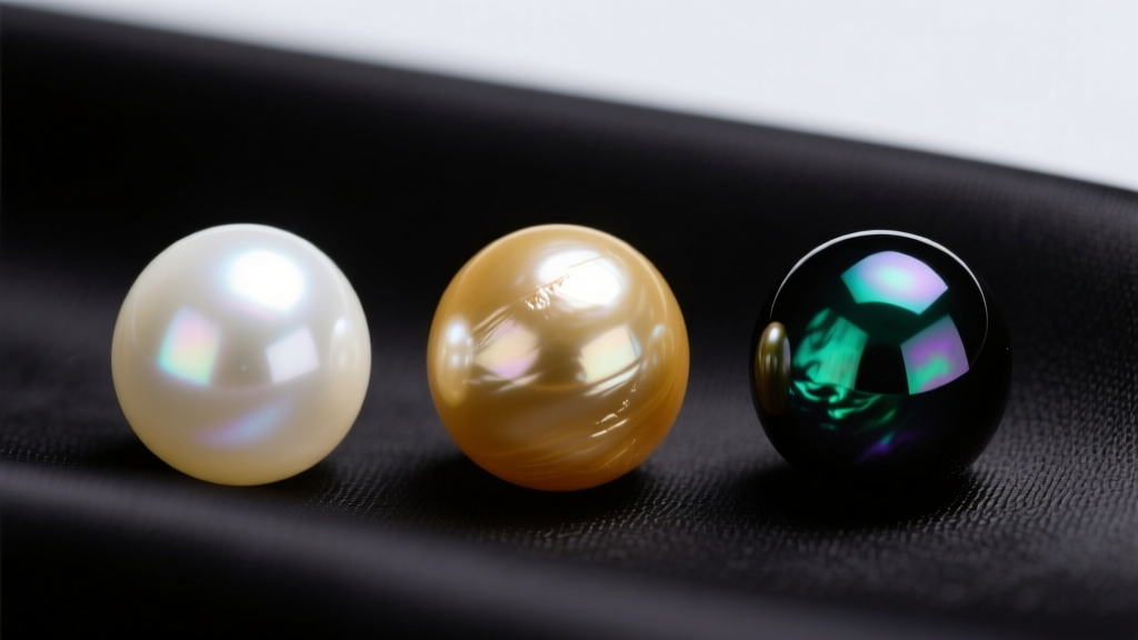 Macro photography comparing a creamy white Akoya pearl, a golden South Sea pearl, and a dark peacock-green Tahitian pearl on black silk.