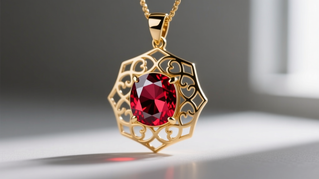 Side profile of a custom gaming pendant showing gold filigree backing and a 2-carat lab-created pigeon blood ruby gemstone.