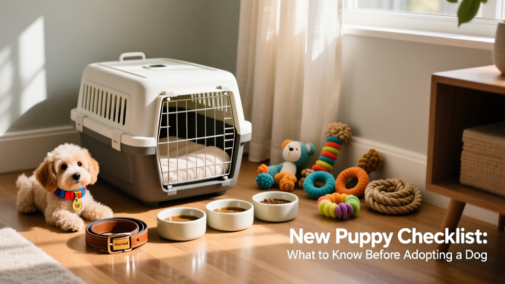 A neatly organized corner with a puppy crate, food bowls, leash, collar, and a variety of safe toys