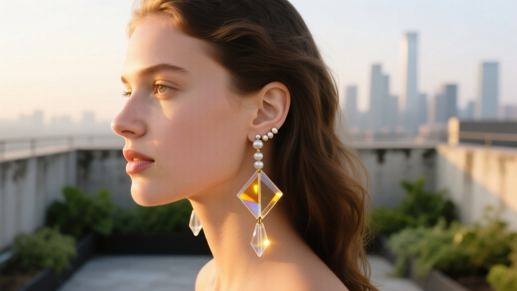 Side profile of a model wearing custom upcycled Michaels bead and clear resin dangle earrings catching warm golden hour sunlight.