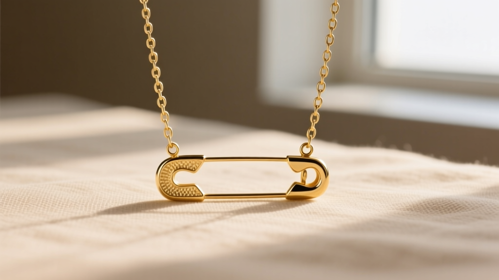 Minimalist 14k gold vermeil safety pin charm on a delicate 18-inch rolo chain, photographed on a neutral beige linen background