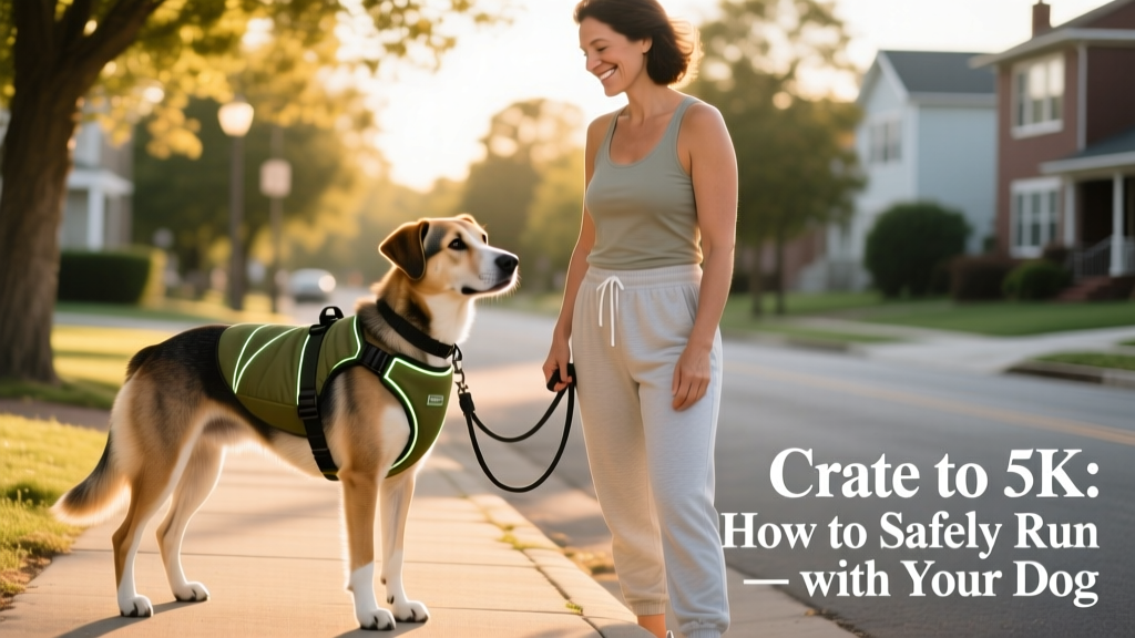 A dog calmly wearing a well-fitted padded harness and attached to a hands-free bungee leash while standing beside its human on a quiet sidewalk